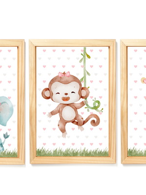 Kit 3 quadros decorativos - safari baby aquarela menina