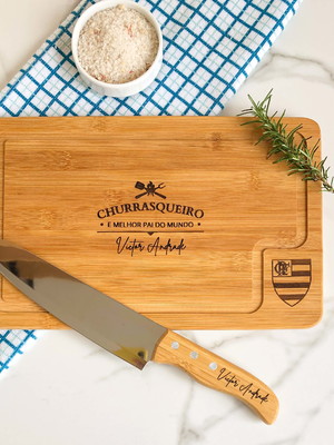 Kit para churrasco personalizado tábua + faca em inox 8"