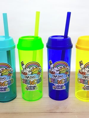 Copo long drink com tampa e canudo dia das crianças