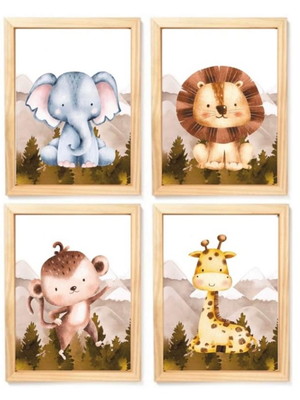 Kit quadro infantil safari floresta com moldura pinus enxova