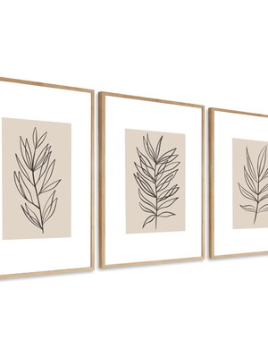 Kit 3 quadros decorativos folhas minimalistas com molduras
