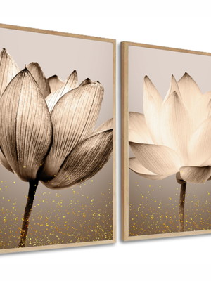 Kit 2 quadros decorativos modernos flores bege gold moldura