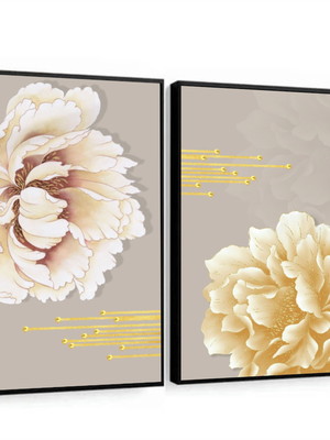 Kit 2 quadros abstrato flores douradas floridas luxo
