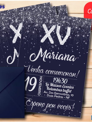 Convite aniversário 15 anos azul marinho com prata