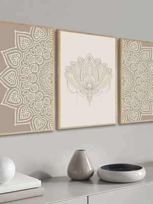 Kit 3 quadros decorativos mandala bege
