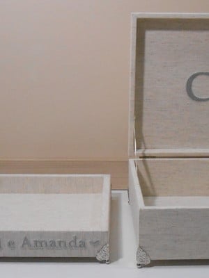 Kit casamento caixa + bandeja linho personalizadas