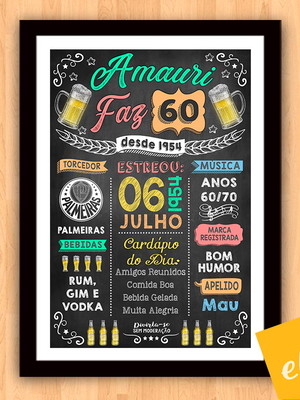Chalkboard quadro poster c/ moldura 60 anos a3 30x42cm