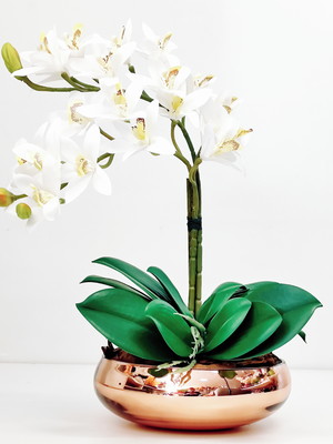 Arranjo flores 2 orquídeas artificial branca com vaso