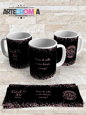 Caneca personalizada debutante 15 anos efeito glitter rosê