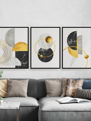 Trio quadros digitais - geométrico círculos luxo dourado