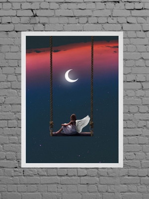 Quadro surrealista menina anjo com lua