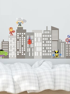 Adesivo de parede prédios com super heróis