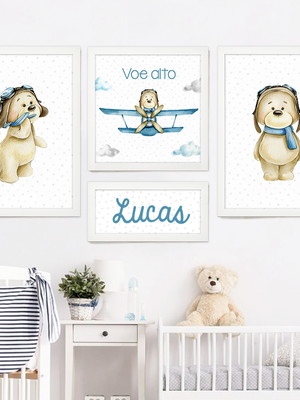 Quadros decorativos quarto bebê urso aviador marrom com nome