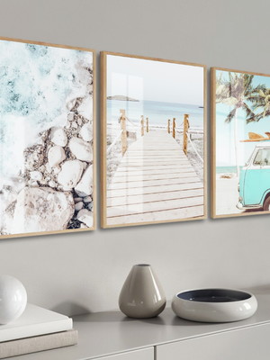 Quadros decorativos paisagem praia mar kombi moldura e vidro