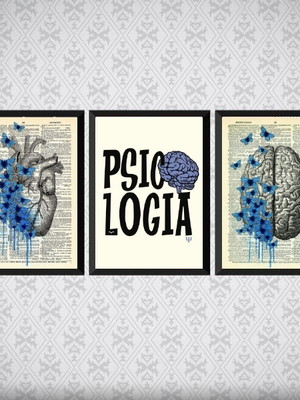 Kit 3 quadros psicologia cérebro coração