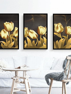 Kit 3 quadros flores douradas modernas molduras