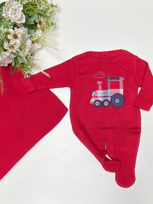 Saída maternidade menino em tricot macacão vermelho 2 peças