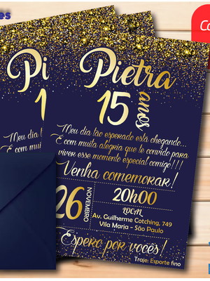 Convite aniversário 15 anos azul marinho com dourado