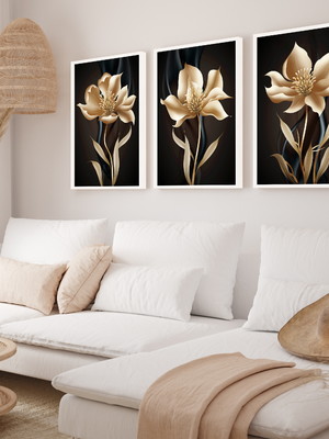 Kit 3 quadros flores douradas modernas molduras