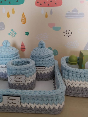 Kit higiene bebê fio de malha azul cinza branco escolhe a co
