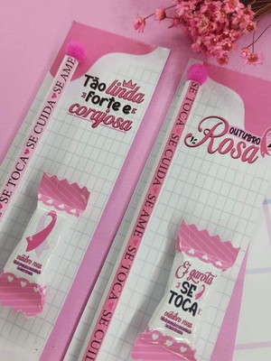 Cartão com balinha e lápis ou caneta- outubro rosa