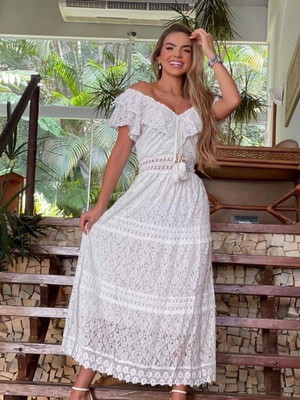 Vestido longo branco renda guipir civil prewedding