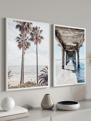 Quadros decorativos praia mar paisagem coqueiro com moldura