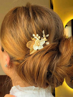 Grampo para cabelo dourado flores e pérolas - isis