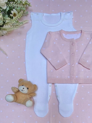 Saída de maternidade menina tricot poá rosa 3 peças