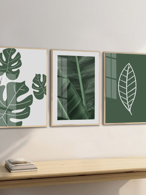 Kit 3 quadros decorativos folhas verdes com moldura e vidro