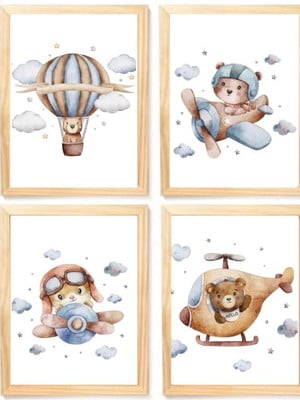 Kit quadro infantil decorativo urso aviador quarto menino