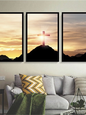 3 quadros cruz sagrada deus religião jesus cristo molduras