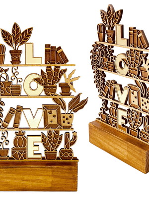 Palavra decorativa love acrílico espelhado base em pinus