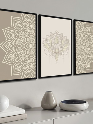 Kit 3 quadros conjunto mandala boho nude com molduras