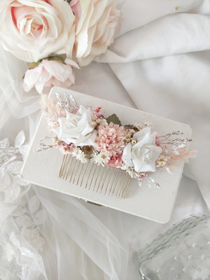 Arranjo para cabelo / grinalda de flores rose e branco