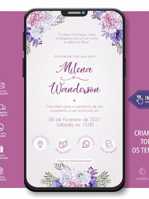 Convite de casamento digital interativo floral roxo 123