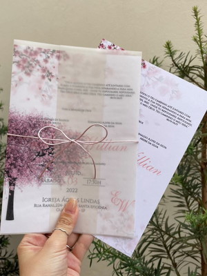 Convite de casamento papel vegetal flor rose ipê