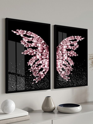 Kit 2 quadros decorativos borboleta asas rosa moldura vidro