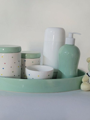 Kit higiene bebê porcelana poá colorido verde band oval 06 p