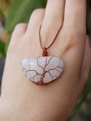 Colar com pingente de quartzo rosa árvore da vida amuleto