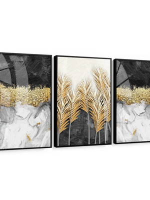 Quadro decorativo abstrato tons de preto e dourado folhagem
