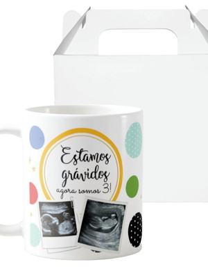 Caneca personalizada agora somos três revelação de gravidez