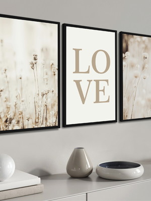 Quadro decorativo moderno folhagem bege love frases moldura