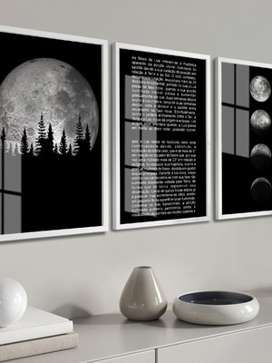 Kit 3 quadros decorativos fases da lua com moldura e vidro
