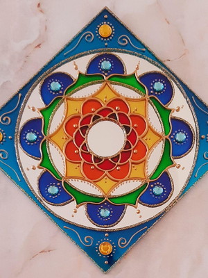 Espelho mandala colorida 15x15cm quadrado de parede