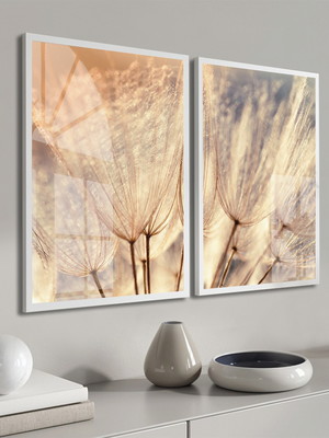 Kit 2 quadros decorativos flor dente de leão moldura e vidro
