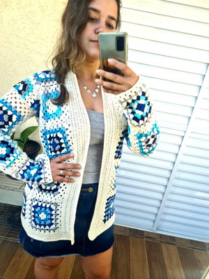 Kimono crochê colorido manga longa casaco blusa longa square
