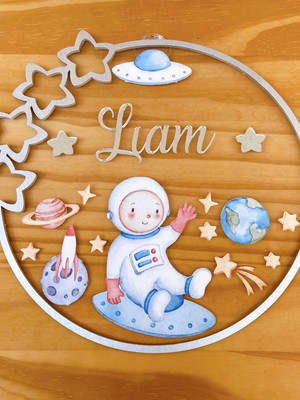 Placa decorativa astronauta acrílico nome espelho