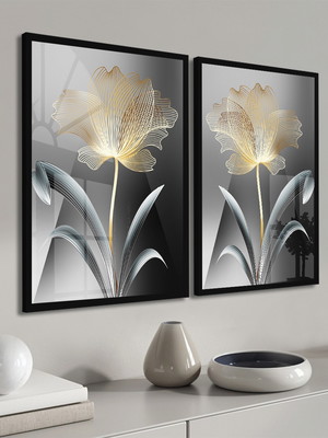 2 quadros flores douradas para sala molduras
