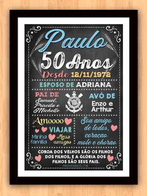 Chalkboard aniversário colorido com frases 50 anos 30x42cm